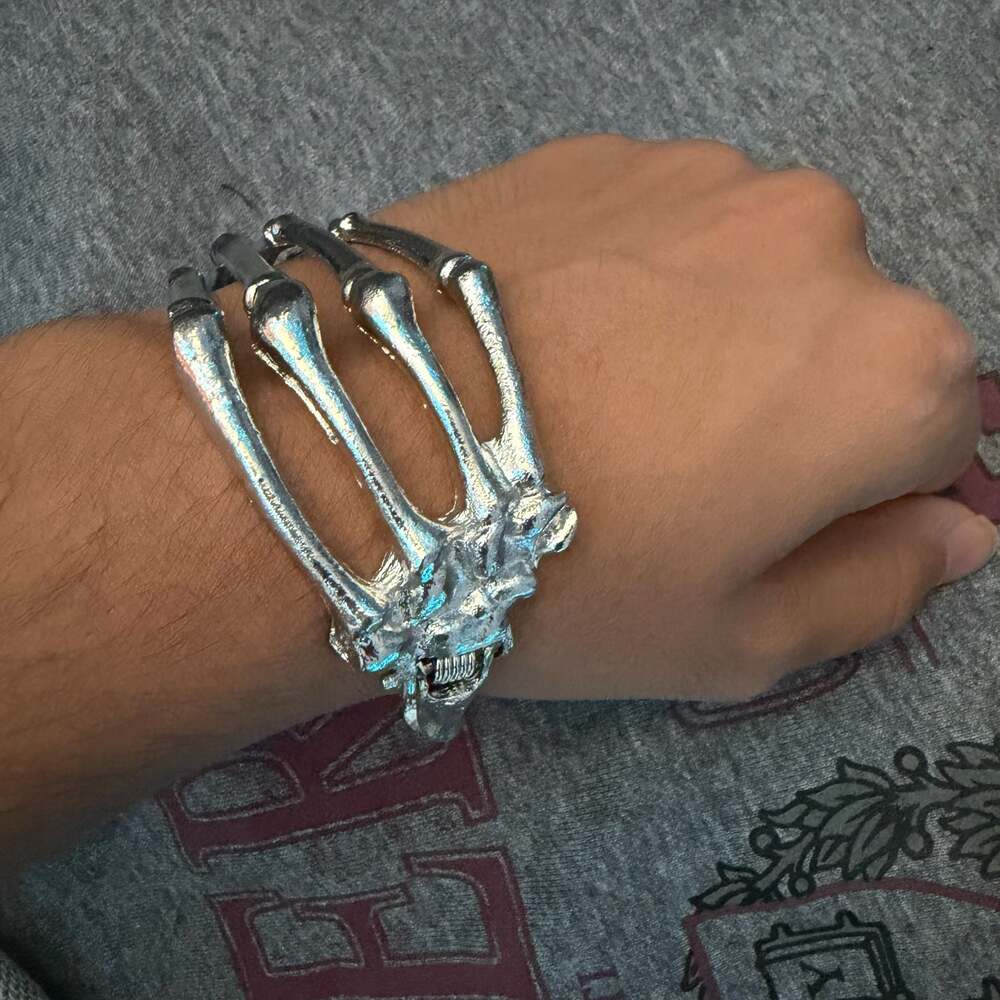 Silver Tone Articulated Skeleton Hand Cuff Bracelet Gothic Punk Jewelry